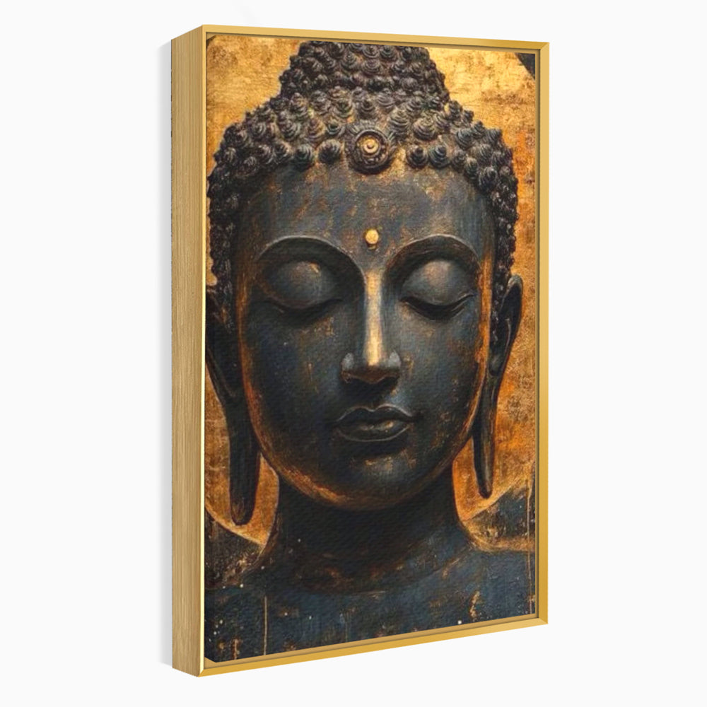 Tablou canvas cu tablou canvas cu capul lui buddha, in rama de aluminiu auriu
